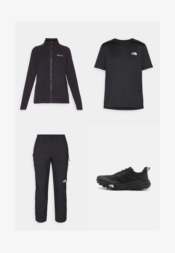 Fekete bolyhos dzseki magas gallérral, teljes cipzárral elöl, két oldalsó zsebbel és diszkrét logóval a mellkason. Texturált anyag és hosszú ujjak.; Fekete, rövid ujjú póló, könnyű anyagból készült. Bal mellen egy kis fehér logó található, és finom vállrész kiemelések.; The North Face WINTER EXPLORATION TAPERED CARGO - Szabadtéri nadrágok - black; Fekete terepfutó cipő, textúrált felső résszel, gumitalppal és megerősített lábujjrészével. Párnázott bokarésszel és húzófüllel rendelkezik a könnyű felhúzáshoz.