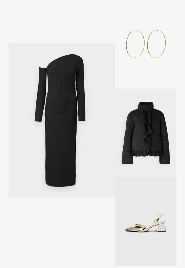 YAS YASMALINO JACKET - Talvejope - black; Mustern, keha kätkev, pika varrukaga kleit asümmeetrilise kaelusega ja kokkuvõetud külje detailiga, valmistatud ribakujulisest kangast.; Kuldne, metallilised slingback-kudumid terava varba ja paksu kontsaga. Sile tekstuur, minimalistlik disain ja kitsas rihm.; Kuldsest rõngastest kõrvarõngad sileda, ümarate joontega. Õhukesed ja kerged, koosnevad pidevast ringsest kujundist ilma kaunistusteta.