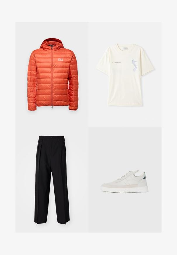 Casaco isolado laranja com fecho de correr à frente, capuz e design acolchoado. Apresenta um pequeno logotipo no peito para fins de marca.; T-shirt de algodão branca com mangas curtas, apresentando o texto "United By Rhythm" em gráfico preto e azul no peito. Design de gola redonda.; Calças pretas plissadas com um design reto e de perna larga. Feitas de um tecido liso, apresentam um fecho de botão e passantes para cinto.; Ténis brancos em pele com detalhes em camurça cinza, design de atacadores, com alça de puxar e sola de borracha texturizada com padrão em zigzag.