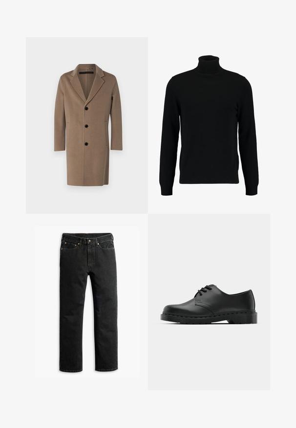Lysebrun uldfrakke med slagkrave, enkeltknappet design, der har fire sorte knapper og sidelommer. Glat tekstur.; Sort turtleneck sweater lavet af et blødt strikmateriale. Har lange ærmer, ribbet krave og kant. Enkel, slank design uden mønstre.; Sorte lige ben denim jeans med fem lommer, bæltestropper og en knaplukning i taljen, lagt fladt på en hvid baggrund.; Sorte læder oxford-sko med snørebåndsdesign, rund tå, flad gummisål og subtil syning langs overdelen.