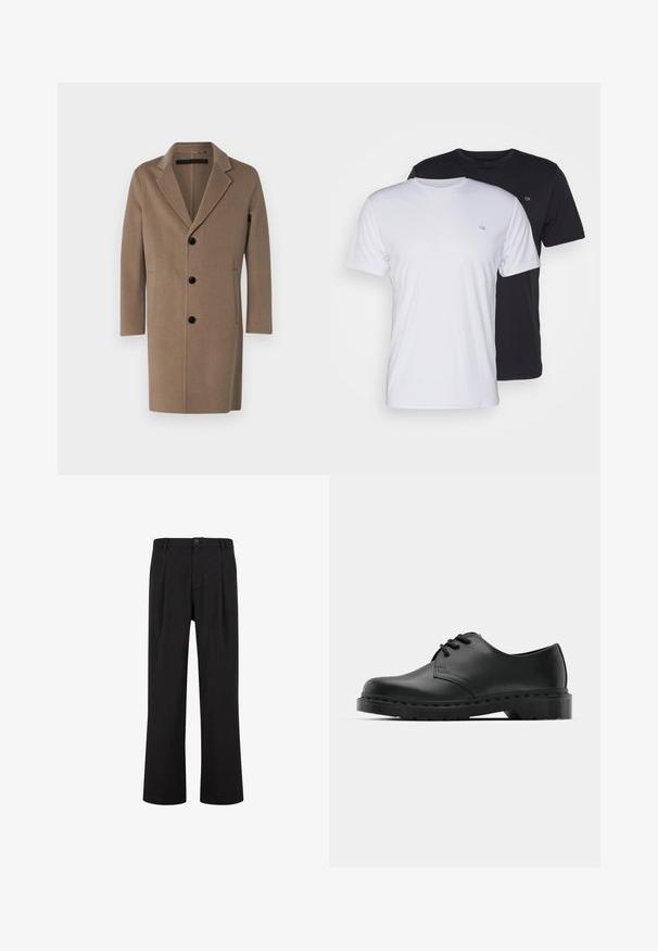 Světle hnědý wolový kabát s klopovým límcem, jednobarevný design, obsahující čtyři černé knoflíky a boční kapsy. Hladká textura.; Dvé bavlněné trička, jedno bílé a jedno černé, s krátkým rukávem a kulatým výstřihem, s malým logem na hrudi, hladká textura.; Černé kalhoty s rovnými nohavicemi, plochým předním dílem a sklady. Vyrobené z hladké tkaniny s knoflíkovým zapínáním a poutky na opasek.; Černé kožené oxfordy s šněrováním, zakulacenou špičkou, plochou gumovou podrážkou a jemným prošíváním podél svršku.