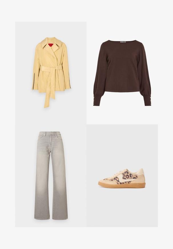 Light yellow, belted jacket with a wide collar, long sleeves, and zippered cuffs. Made from a smooth, shiny material.; Brown knitted sweater with a boat neckline, long puff sleeves, and button accents at the cuffs. Features a relaxed fit and smooth texture.; Gray wide-leg jeans with a faded finish, button closure, five-pocket design, and stitched detailing along the seams.; Leopard print sneakers with beige suede upper, tan rubber sole, and white accents. Round toe and lace-up design with a textured finish.