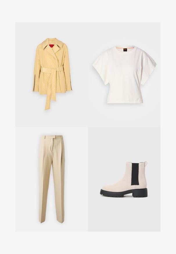 Chaqueta amarilla claro, ceñida en la cintura, con un amplio collar, mangas largas y puños con cremallera. Fabricada en un material suave y brillante.; Camiseta blanca recortada, con mangas cortas y anchas, material de algodón suave, cuello redondo con un sutil ribete naranja, diseño minimalista, sin patrones ni gráficos.; Pantalones beige ajustados con corte recto, con pliegues, cinturilla y una textura suave. Sin bolsillos visibles ni adornos.; Botín Chelsea de ante beige con panel lateral elástico negro, suela gruesa negra y lengüeta en el tobillo.