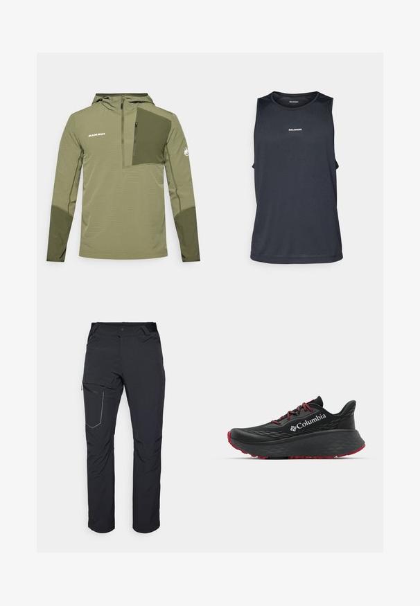 Mammut MADRIS LIGHT HALF ZIP HOODY MEN - Vindjakke - marsh/dark marsh; Herres treningsskjorte uten ermer i mørk marineblå, laget av pustende stoff med teksturert overflate og reflekterende logo på fronten.; Svart utendørsbukser med en glidelåslomme på låret, elastisk midje og glatt, vannavstøtende stoff. Renslig design uten synlige logoer.; Svart treningssko med teksturert overdel, røde snører og logo. Tykksåle med mønstrede dekk for bedre veigrep. Minimalistisk design, sidevinkel.