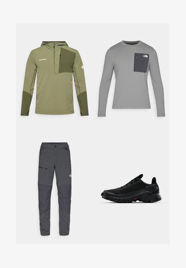 Mammut MADRIS LIGHT HALF ZIP HOODY MEN - Windbreakers - marsh/dark marsh; Langærmet grå skjorte i tekstureret stof, med en mørkegrå brystlomme og lynlås. Logo på lommen i hvid.; Grå udendørsbukser med en glat overflade, der har en lynlåslomme på siden, forstærkede knæsektioner og en subtil logo detalje.; Sorte sportssko med en tekstureret overdel, rund tå og fremtrædende gummisål. Har et logo på siden og røde detaljer på sålen.