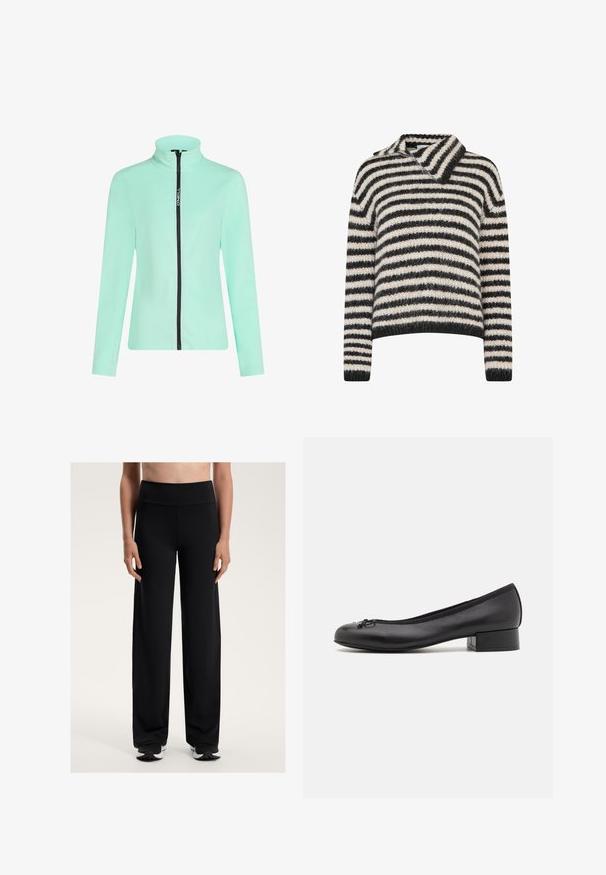 Giacca a zip verde menta con colletto alto, realizzata in materiale morbido. Presenta una cerniera nera a contrasto e un dettaglio con logo sul lato. Maniche lunghe.; Maglione a righe con colletto. Realizzato in un morbido tessuto testurizzato con righe grigie scure e crema. Vestibilità rilassata con maniche lunghe.; Pantaloni sportivi neri a gamba larga con vita alta. Realizzati in un tessuto liscio ed elastico, presentano una vestibilità comoda e una trama sottile.; Ballerine in pelle nera con un piccolo tacco rettangolare, punta tonda, dettaglio decorativo a fiocco e bordo elastico all'apertura.