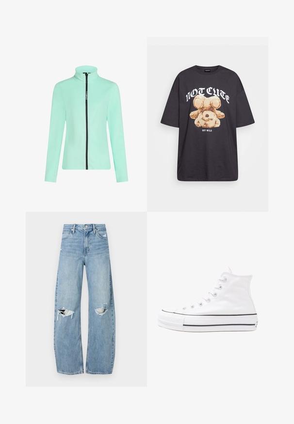 Miętowo-zielona kurtka z zamkiem błyskawicznym i wysokim kołnierzem, wykonana z miękkiego materiału. Oferuje kontrastowy czarny zamek i szczegół z logo po bokach. Długie rękawy.; Czarny, oversize t-shirt z grafiką niedźwiedzia i napisem „NIE UROCZY, ALE DZIKI” w grubej, białej czcionce. Materiał bawełniany.; Jasnoniebieskie, wysokiej talii dżinsy wykonane z denimu. Posiadają szerokie nogawki, dwa podarte miejsca na kolanach oraz klasyczne pięć kieszeni.; Białe wysokie trampki z płótna z czarną gumową podeszwą, przednim czubkiem z gumy i sześcioma dziurkami na sznurowadła, charakteryzujące się prostym, minimalistycznym designem.