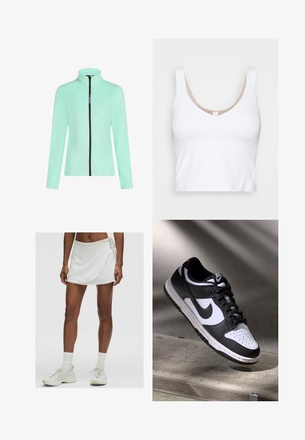 Mintgroene ritsjack met hoge kraag, gemaakt van zacht materiaal. Voorzien van een contrasterende zwarte rits en een logo-detail aan de zijkant. Lange mouwen.; Witte crop top met een ronde hals en brede schouderbanden. Gemaakt van glad, rekbaar materiaal met een beige voeringaccent bij de halslijn.; Witte sportrok met een wikkelontwerp, gemaakt van gladde stof. Bevat een strik aan de zijkant en wordt gecombineerd met lichtgekleurde sneakers en sokken.; Zwart-witte Nike Dunk Low sneaker met een leren bovenwerk, geperforeerde neus, en zwarte veters, met een witte zool en logo-accenten.