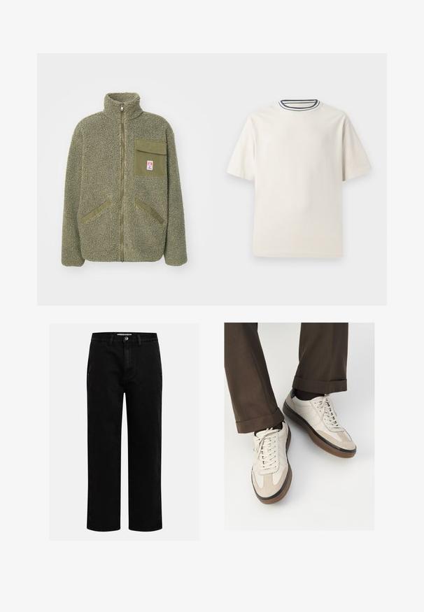 Polarowa kurtka w oliwkowej zieleni, z wysokim kołnierzem, suwakiem z przodu, jedną kieszenią na piersi oraz dwiema ukośnymi kieszeniami bocznymi. Teksturowana powierzchnia.; Kremowa bawełniana koszulka z krótkim rękawem, z okrągłym dekoltem ozdobionym granatowymi i białymi paskami. Gładka tekstura, luźny krój.; Czarne dżinsy o prostym kroju nogawki, klasyczny pięć kieszeniowy design oraz zapięcie na guzik w talii. Gładka tekstura i trwały materiał.; Beżowe sneakersy z teksturowanym zamszowym przodem, gładkimi skórzanymi bokami i brązową gumową podeszwą. Zawierają sznurówki oraz subtelne detale w dwóch kolorach.