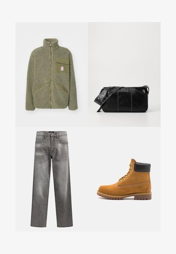 Giacca in pile verde oliva, caratterizzata da un alto colletto, zip frontale, una tasca sul petto e due tasche laterali diagonali. Superficie testurizzata.; T-shirt in cotone crema con maniche corte e scollatura a girocollo. Presenta una stampa grafica in blu e rosso con testo e un motivo.; Jeans in denim grigio a gamba larga con finitura sbiadita, design classico a cinque tasche e chiusura con bottone in metallo. Tessuto lavorato con dettagli di usura sottili.; Stivale alla caviglia in suede tan con collare imbottito nero, occhielli in metallo dorato, dettagli in cucitura bianca e suola in gomma robusta con battistrada pronunciato.; Borsa a spalla in pelle nera con chiusura a zip, caratterizzata da un corpo testurizzato, cuciture bianche e una tracolla con occhielli in argento.