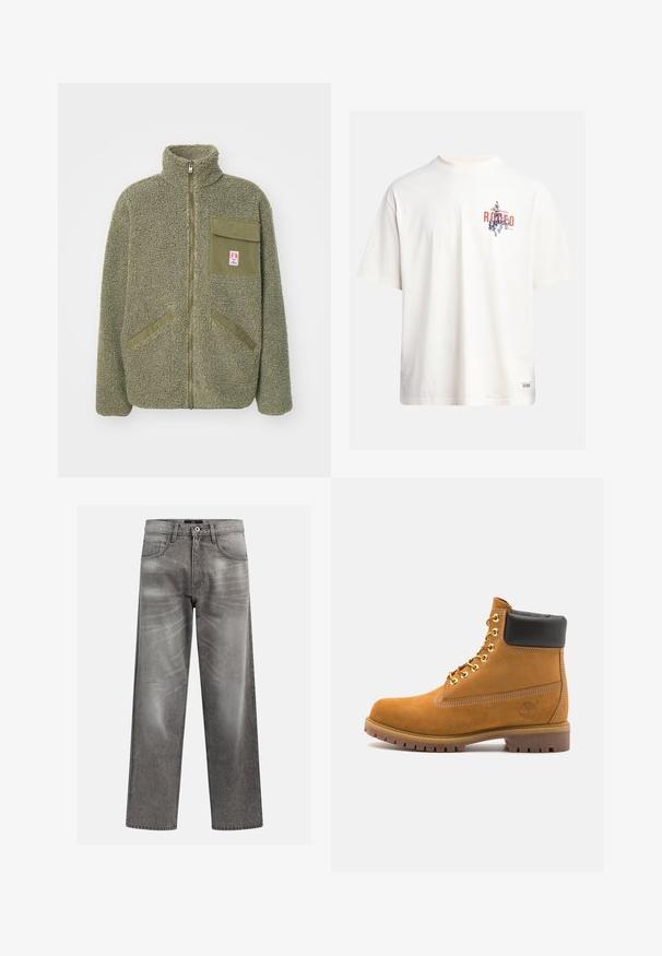 Giacca in pile verde oliva, caratterizzata da un alto colletto, zip frontale, una tasca sul petto e due tasche laterali diagonali. Superficie testurizzata.; T-shirt in cotone crema con maniche corte e scollatura a girocollo. Presenta una stampa grafica in blu e rosso con testo e un motivo.; Jeans in denim grigio a vestibilità ampia, con dettagli di whiskering e scoloritura, design classico a cinque tasche e chiusura con bottone.; Stivale alla caviglia in suede tan con collare imbottito nero, occhielli in metallo dorato, dettagli in cucitura bianca e suola in gomma robusta con battistrada pronunciato.