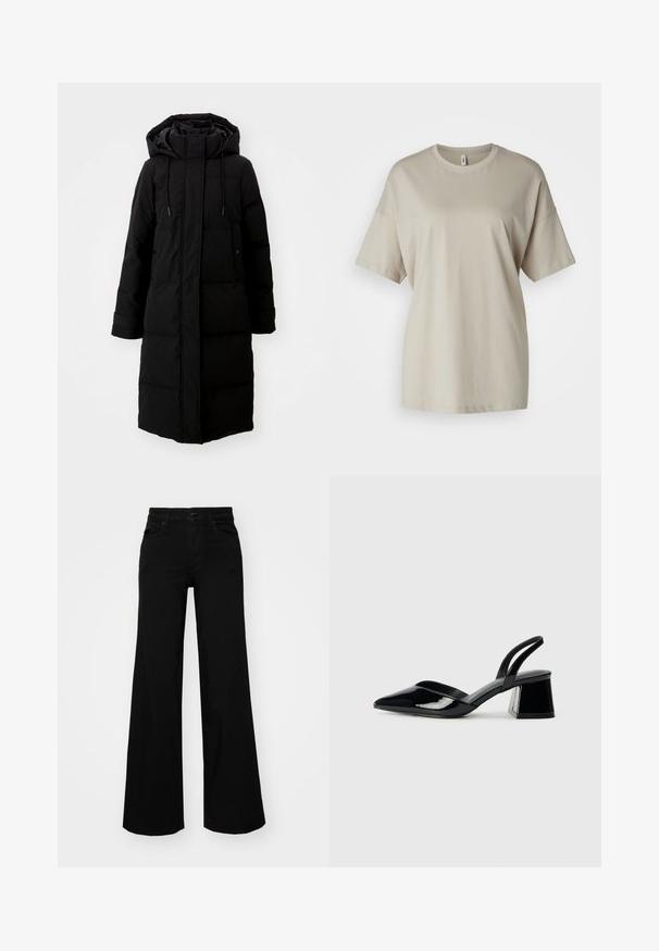 Zwarte gewatteerde jas met een lange snit, volledig rits en een capuchon. Voorzien van verstelbare trekkoorden en twee voorzakken. Lichte structuur.; Beige t-shirt gemaakt van zacht katoen, met een ronde hals, korte mouwen en een ontspannen pasvorm met een rechte zoom.; Zwarte wijdvallende broek van denim, met een gestructureerde tailleband, riemlussen en voorzakken. Glad van textuur met een klassiek ontwerp.; Zwarte gepatineerde leren slingback hakken met een spitse neus en een geometrische blokhak. Kenmerkt zich door een slank, minimalistisch ontwerp en een gladde textuur.