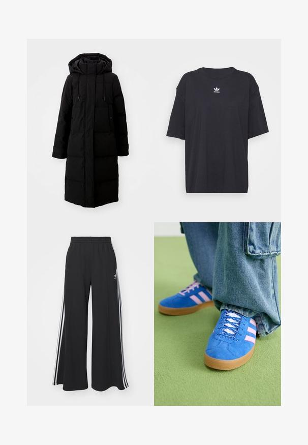 Juodas pūkuotas paltas su ilgu dizainu, pilnu užtrauktuku ir gobtuvu. Yra reguliuojami raišteliai ir dvi priekinės kišenės. Lygus paviršius.; Juodas medvilnės marškinėliai trumpomis rankovėmis, apvaliu iškirpimu, su baltu Adidas logo ant krūtinės. Paprastas dizainas, laisvas kirpimas.; Juodos plačios kojų džinsinės kelnės su elastingu juosmeniu, turinčios baltas šonines juosteles ir išsiuvinėtą logotipą kairiajame šlaunyje.; Mėlyni zomšiniai bateliai su rožinėmis juostelėmis ir baltais raišteliais, turintys guminį padą, derinami su laisvais džinsiniais kelnais ant žalios paviršiaus.