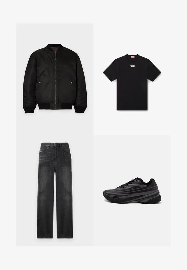 Black bomber jacket with a front zipper, ribbed cuffs, and two large side pockets. Features a smooth, matte texture and a round collar.; Black cotton t-shirt with a round neckline and short sleeves. Features a small, silver logo embroidered on the front center.; Black straight-leg jeans made of denim, featuring five pockets, belt loops, and subtle fading on the fabric for texture.; Black running shoe with a textured upper featuring gray stripes. Thick sole for cushioning, round toe, and flat laces for secure fit.