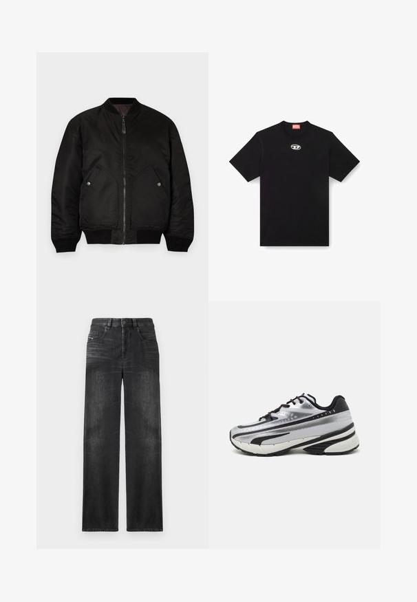 Juodas bomberis su priekiniais užtrauktukais, banguotomis rankogaliais ir dviem didelėmis šoninėmis kišenėmis. Yra lygus, matinio paviršiaus ir apvalus apykaklė.; Juodas medvilninis marškinėlis su apvaliu iškirpimu ir trumpomis rankovėmis. Priekyje centre yra maža sidabrinė logotipo siuvinėjimas.; Juodos tiesios kojų džinsai, pagaminti iš džinsinio audinio, su penkiomis kišenėmis, diržo kilpomis ir švelniu audinio blukimu, kuris suteikia tekstūrą.; Bėgimo bateliai su sidabriniu tinkliniu viršumi, juodais akcentais ir balta padu. Pasižymi tekstūruotu dizainu ir juodais raišteliais. Lengvi ir paminkštinti.