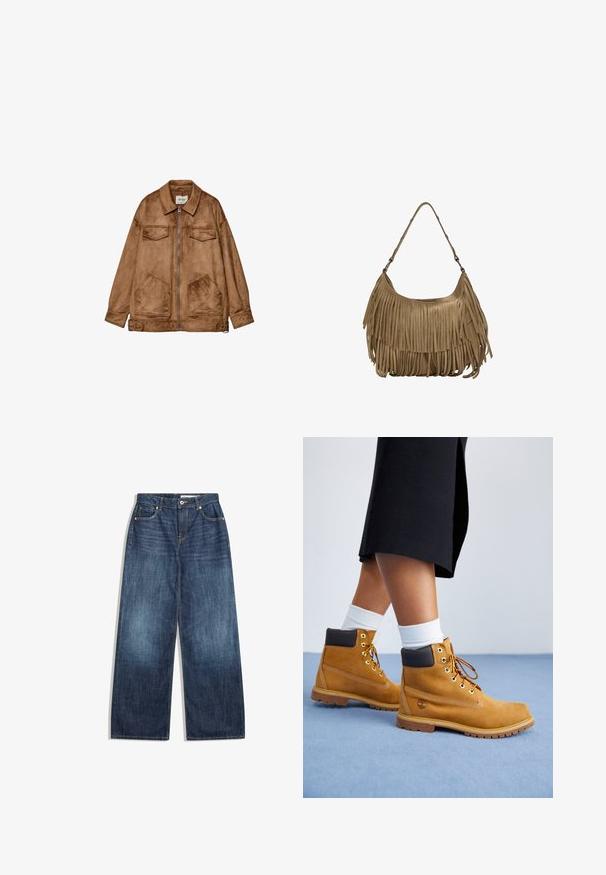 Brun ruskindsjakke med lynlås foran, to brystlommer og to større lommer nederst. Har klassisk krave og afslappet pasform.; Grå strikket cardigan med rund halsudskæring, bølget knapstolpe og flæseærmer. Har små lyserøde knapper og ribbet kant.; Brun bodysuit med justerbare spaghetti-stropper og blonderkant ved en dyb V-udskæring. Glat tekstur, tætsiddende design og højt skårne ben.; Bredde ben jeans i mørkeblå denim med fem lomme-design, lyse syninger og knaplukning ved taljen.; Tan ruskindsankelstøvler med brune læderdetaljer, guldøjer og en struktureret sål. Hvide sokker synlige over støvlerne.; Brun ruskind skuldertaske med lange frynser, en buet form og en enkelt skulderrem. Har en glat, tekstureret overflade.