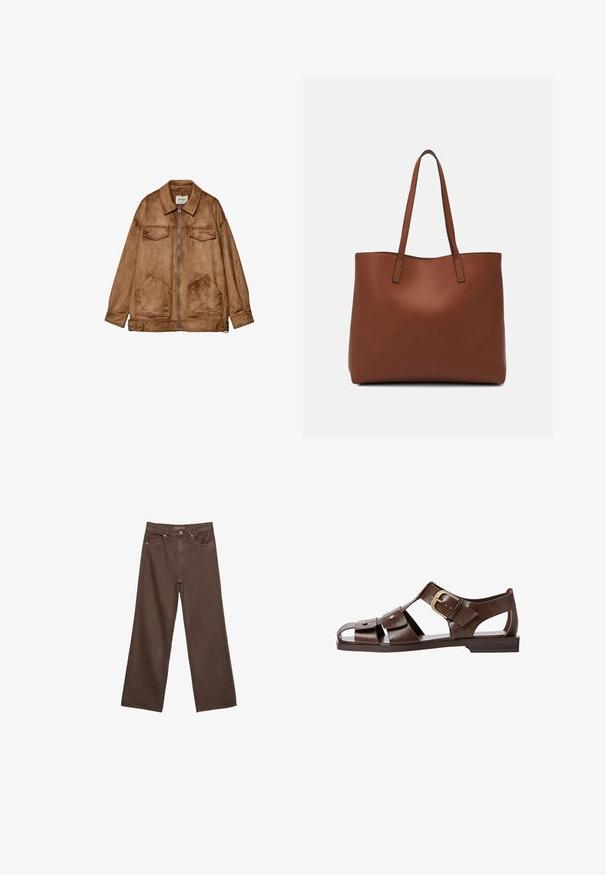 Giacca in camoscio marrone con zip frontale, due tasche sul petto e due tasche inferiori più grandi. Presenta un colletto classico e una vestibilità comoda.; T-shirt marrone a maniche corte realizzato in tessuto morbido, con scollo rotondo e vestibilità comoda. Texture liscia senza motivi o dettagli.; Jeans a gamba larga marroni in denim, con vita alta, tasche anteriori e chiusura a bottone classica. Tessuto liscio con cuciture sottili.; Sandal in pelle marrone con un design a intaglio, cinturino laterale regolabile e suola piatta, con dettagli metallici e punta aperta.; Borsa tote in pelle marrone con texture liscia, design con apertura superiore e due spallacci. Presenta cuciture minime e nessun hardware visibile.