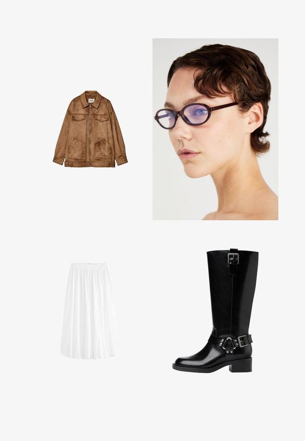 Veste en daim marron avec fermeture éclair à l'avant, deux poches poitrine et deux poches inférieures plus grandes. Elle dispose d'un col classique et d'une coupe décontractée.; Top court rayé noir et blanc, texture côtelée, manches courtes avec bords festonnés, col rond, coupe décontractée.; Jupe blanche arrivant au genou, confectionnée en tissu léger. Dotée d'une taille élastique pour un ajustement confortable et d'un drapé doux.; Botte en cuir noire hauteur genou avec un bout arrondi, un talon épais, une sangle ajustable avec des accents en métal et une finition brillante.; Lunettes de vue ovales marron avec des verres transparents violets ; design élégant et texture lisse. Portées par une personne ayant des cheveux courts et ondulés.; Sac à main en cuir noir avec deux anses allongées, fermeture éclair et forme arrondie ; texture lisse avec une finition légèrement brillante.