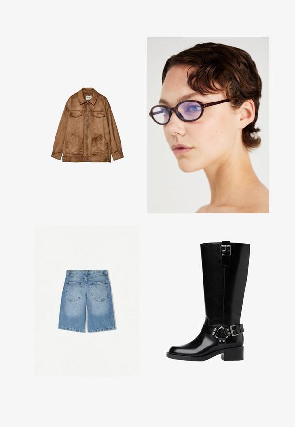 Veste en daim marron avec fermeture éclair à l'avant, deux poches poitrine et deux poches inférieures plus grandes. Elle dispose d'un col classique et d'une coupe décontractée.; Top court rayé noir et blanc, texture côtelée, manches courtes avec bords festonnés, col rond, coupe décontractée.; Shorts en denim bleu clair avec une coupe décontractée. Dotés de deux poches arrière et d'une coupe droite. Texture lisse avec un délavage minimal.; Botte en cuir noire hauteur genou avec un bout arrondi, un talon épais, une sangle ajustable avec des accents en métal et une finition brillante.; Lunettes de vue ovales marron avec des verres transparents violets ; design élégant et texture lisse. Portées par une personne ayant des cheveux courts et ondulés.; Sac à main en cuir noir avec deux anses allongées, fermeture éclair et forme arrondie ; texture lisse avec une finition légèrement brillante.