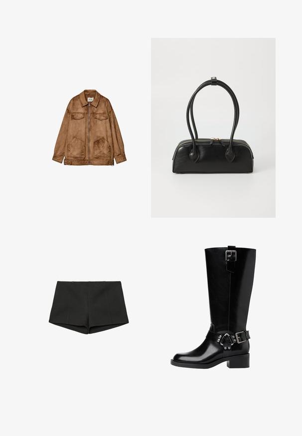 Ruskea mokkapintainen takki, jossa on vetoketjusuljenta, kaksi rintataskua ja kaksi suurempaa alataaskua. Ominaisuuksiin kuuluu klassinen kaulukse ja rento istuvuus.; Mustavalkoraidallinen lyhyempi toppi, ribbauskankaita, lyhyet hihat scallop-reunoilla, pyöreä kaula-aukko, rento istuvuus.; Mustat shortsit, jotka on valmistettu tekstuurista kankaasta, korkea vyötärö ja istuva muotoilu etuseamilla. Ei näkyviä taskuja tai kiinnityksiä.; Musta nahkasaapas, joka ulottuu polven ylle, pyöreällä kärjellä, paksulla korolla, säädettävällä hihnalla varustettuna, jossa on metalliset yksityiskohdat, sekä kiiltävällä pinnalla.; Musta nahkainen käsilaukku, jossa on kaksi pitkää kahvaa, vetoketjulla suljettu ja pyöreä muoto; sileä pinta, jossa on hienovarainen kiiltävä viimeistely.