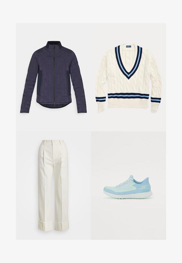 Tengerész kék pufferek dzseki magas gallérral, elülső zipzárral, texturált ujjakkal és kontrasztos oldalsó panelek mellett. Simává textúrált anyag, enyhén steppelt mintázattal.; Krém színű, kötött pulóver V-kivágással, tengerkék és világoskék csíkokkal a galléron és az alsó szegélyen.; Fehér, szabott nadrág magas derékkal, dupla elülső redőkkel és széles lábakkal, hajtogatott szegésekkel. Simító, textúrált anyagból készült.; Világoskék sportcipő, hálós felsőrészsel, lekerekített orral, párnázott talppal és fényvisszaverő részletekkel. Fűzős, és támogató sarka van.