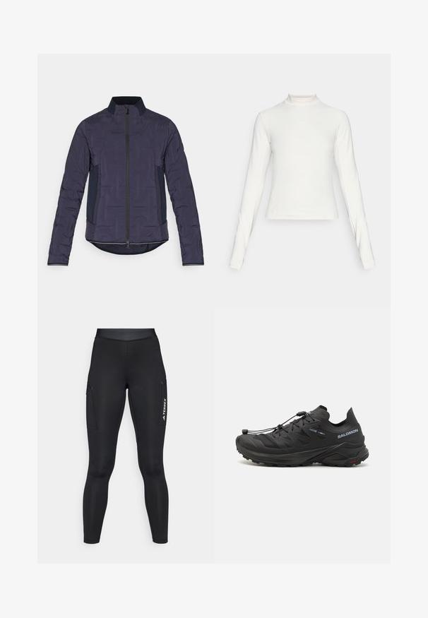 Marineblauwe pufferjack met een hoge kraag, rits aan de voorkant, gestructureerde mouwen en contrasterende zijpanelen. Gladde stof met een licht gewatteerd patroon.; Witte sporttop met lange mouwen en een opstaande kraag, met een klein logo in het midden op de borst, weergegeven op een effen achtergrond.; Zwarte sportleggings met een aansluitend ontwerp, gemaakt van rekbaar materiaal. Voorzien van zijzakken en witte "TERREX" branding.; Zwarte trailschoen voor hardlopen met een gestructureerde bovenkant, meshpanelen en een veilig bevestigingssysteem. Beschikt over een robuuste buitenzool voor grip.
