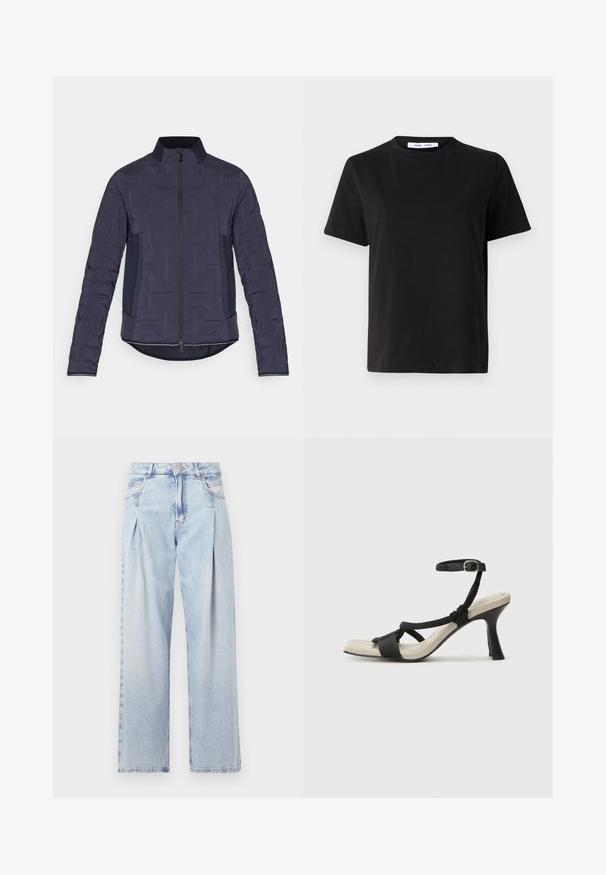 Jūras flotes pūkainā jaka ar augstu apkakli, priekšējo rāvējslēdzēju, strukturētām piedurknēm un kontrastējošām sānu paneļiem. Gluda auduma virsma ar nedaudz quiltētu rakstu.; Melna īsām piedurknēm T-kreklu, kas izgatavots no mīksta kokvilnas, ar apļveida kakla izgriezumu, brīvu piegriezumu un gludu tekstūru. Nav redzamu rakstu vai grafikas.; Gaiši zilas džinsu bikses ar augstu jostasvietu, plats kāju griezumu, divām sānu kabatām un krokotā dizaina akcentiem. Mīksta tekstūra ar izdilušu apdari.; Melnas augstpapēžu sānijas ar pinuma siksnu dizainu, kvadrātveida purngali un regulējamu potītes siksnu. Gaismas beidzamais kāju paklājiņš ar spīdīgu melnu papēdi.