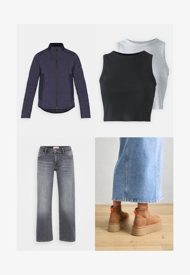 Giacca puffer blu navy con colletto alto, zip anteriore, maniche testurizzate e pannelli laterali a contrasto. Tessuto liscio con un motivo leggermente trapuntato.; Even&Odd Petite 2 PACK - Top - light grey/black; Jeans in denim grigio con design a gamba dritta, stile a cinque tasche, leggera sbiaditura e chiusura con bottone in vita.; Stivali platform in suede marrone con pannelli laterali elastici e linguette arancioni, abbinati a una gonna di jeans chiara, lunga fino al ginocchio, su un pavimento di legno.