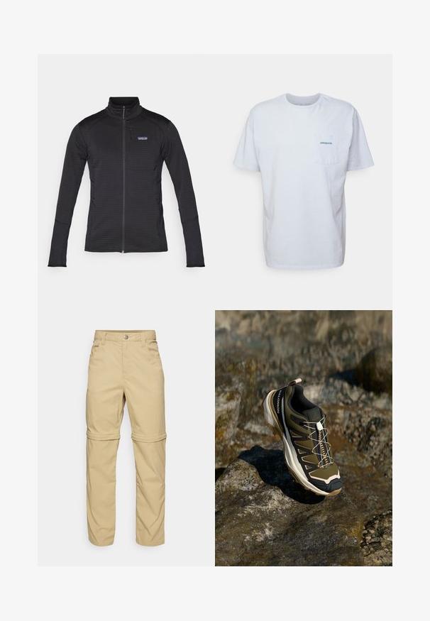 Melnā zipa jaka ar augstu apkakli, teksturētu audumu, pieguļošu dizainu un Patagonia logo uz krūšu kabatas. Divas sānu kabatas.; Balts kokvilnas T-krekls ar īsām piedurknēm, apaļu kakla izgriezumu un kreisajā krūtī kabatu ar zilu "Patagonia" logotipu. Klasiska piegriezuma ar gludu struktūru.; Beige izņemamās bikses ar gludu tekstūru, kas aprīkotas ar divām sānu kabatām, pogu aizdari un ar iespēju uzrullēt piedurknes, lai nodrošinātu daudzveidību.; Tūrisma apavi olīvzaļā un melnā krāsā ar rozā akcentiem. Iespējas ietver teksturētu virsu, elastīgu zoli, pastiprinātu purngalu un krāsainu šņorējuma sistēmu.