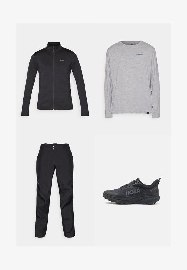 Casaco preto com fecho éclair, colarinho alto, tecido texturizado, desenho ajustado e logotipo da Patagonia no bolso do peito. Dois bolsos laterais.; T-shirt de mangas longas cinza claro, feito de um tecido suave e texturizado. Apresenta um decote redondo e um pequeno logotipo azul da Patagonia no peito.; Calças impermeáveis pretas com uma textura suave, apresentando dois botões na frente e um design de perna ajustada. Decoradas com um logotipo de lado.; Sapatilha de corrida Hoka preta com parte superior em malha, detalhes texturizados e uma sola grossa e acolchoada com bordas afiladas para um suporte melhorado.