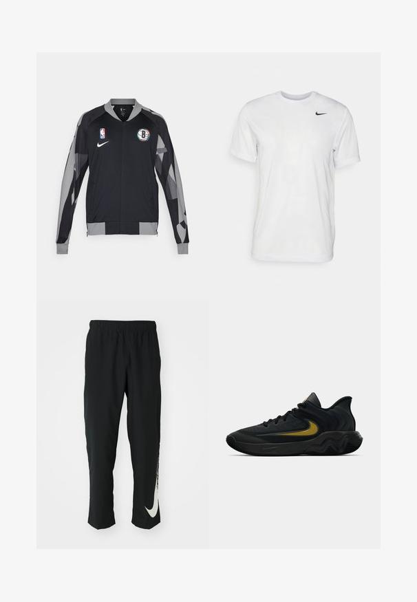 Casaco desportivo preto com detalhes cinzentos, apresentando fecho éclair frontal, logótipo da NBA e emblema dos Brooklyn Nets, feito de um tecido leve e texturizado.; T-shirt branca de mangas curtas feita de tecido suave. Apresenta um decote redondo e um pequeno logótipo da Nike em preto no lado esquerdo do peito.; Calças atléticas pretas com cintura elástica, design afunilado, apresentando um grande logótipo branco da Nike na perna esquerda. Tecido macio e leve.; Tênis atlético preto e cinza escuro com cadarços pretos e logotipo swoosh dourado, apresentando um design de sola ondulada e colarinho acolchoado no calcanhar.