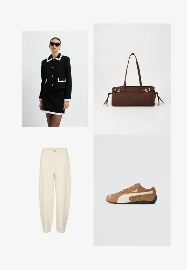 Schwarze Jacke mit weißem Kragen, goldenen Knöpfen und Taschenakzenten; kombiniert mit einem schwarzen Rock und ergänzt durch schwarze Katzenaugen-Sonnenbrillen.; Beiger Strickpullover mit hohem Kragen, halblangem Reißverschluss und überschnittenen Schultern. Mit geripptem Saum und Bündchen.; Helle beigefarbene Baumwollhosen mit entspannter Passform, schmal zulaufenden Beinen, Fronttaschen und einem einzelnen Knopfverschluss an der Taille.; Braune Wildleder-Low-Top-Sneaker mit cremefarbenen Akzenten, strukturierter Oberfläche, schwarzer Gummisohle und gesticktem Logo an der Seite und Zunge.; Braune Wildleder-Shoppertasche mit zwei Schulterriemen, goldenen Hardware-Akzenten und verstellbaren Seitenbändern. Verfügt über einen Reißverschluss und eine glatte Textur.