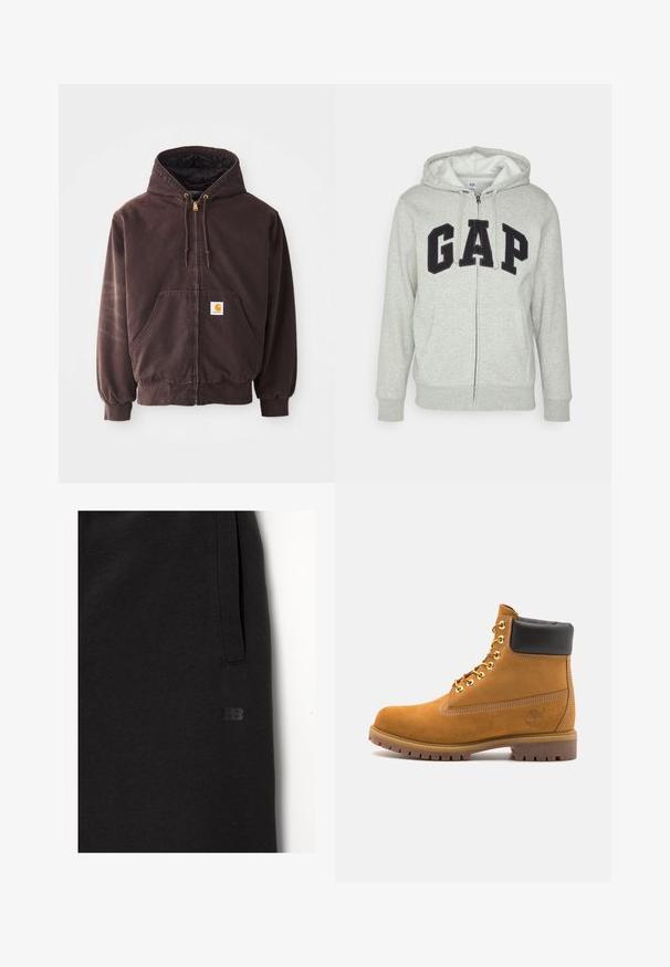 Brązowa rozpinana bluza z kapturem, z dwoma przednimi kieszeniami, ribbowymi mankietami i dołem. Posiada złote końcówki sznurka i białą naszywkę z logo na kieszeni.; Szara bluza z kapturem na zamek z przednią kieszenią typu kangur, z czarnym logo "GAP". Miękka tkanina i regulowany kaptur z sznurkiem.; Biała koszulka z krótkim rękawem wykonana z bawełny, z okrągłym dekoltem i luźnym krojem. Gładka faktura, bez widocznych wzorów lub akcentów.; Czarne dresy wykonane z miękkiego materiału, z boczną kieszenią i małym, wytłoczonym logo. Prosty krój z gładką fakturą.; Beżowe zamszowe botki sięgające kostki z czarną wyściełaną krawędzią, złotymi oczkami, białymi detalami szycia oraz wytrzymałą gumową podeszwą z wyraźnym bieżnikiem.