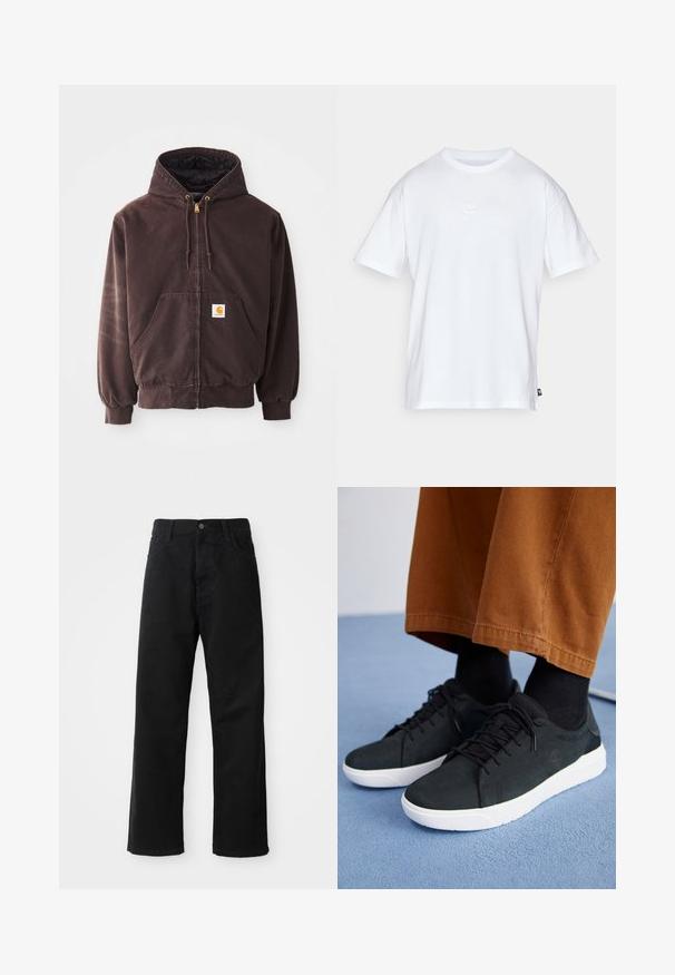 Hnedá mikina so zipsom a kapucňou, s dvoma prednými vreckami, rebrovými manžetami a spodným lemom. Obsahuje zlaté konce šnúrok a bielu nášivku loga na vrecku.; Biela bavlnená tričko s krátkymi rukávmi a okrúhlym výstrihom. Obsahuje malé, jemné logo Nike na hrudi a božnú nálepku.; Čierne denimové nohavice so rovným strihom, vystúpené predné vrecká, zips a jedno horné gombík. Štruktúrovaná tkanina s matným povrchom.; Čierne zamatové tenisky s bielymi gumovými podrážkami, so šnurovacím dizajnom, textúrovanými akcentami a decentným brandingom, skombinované s hnedými nohavicami.