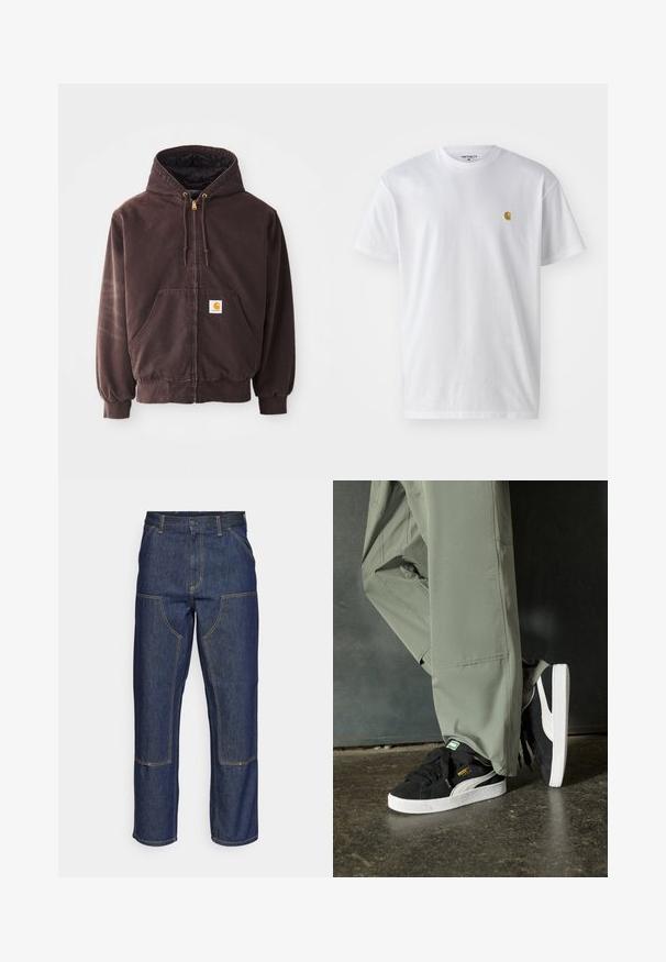 Ruskea vetoketjullinen huppari, jossa on huppu, kaksi etutaskua, ribbaatut hihansuut ja helma. Ominaisuuksiin kuuluvat kultaiset narun päät ja valkoinen logo-patch taskussa.; Valkoinen puuvillapaita lyhyillä hihoilla, pyöreä kaula-aukko, jossa on pieni kultainen logo vasemmassa rintapielessä. Pehmeä kangas ja normaali istuvuus.; Tummansiniset farkut, joissa on korkea vyötärö, suora lahje, eriväriset ompeleet ja etupuolella pakki-taskut.; Mustat mokkakengät, joissa on valkoiset kumipohjat ja sivuraitoja, yhdistettynä vaaleanvihreisiin cargo-housuihin, seisoen tummalla teksturoidulla pinnalla.