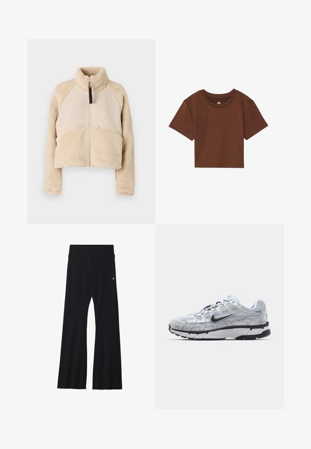 Giacca in pile beige con colletto alto, chiusura con zip e maniche raglan. Progettata con due tasche frontali con zip e una silhouette cropped.; T-shirt corto a maniche corte di colore marrone, realizzato in un tessuto morbido, con scollatura rotonda e cuciture pulite, privo di schemi o decorazioni.; Pantaloni yoga neri a campana in tessuto elasticizzato, con una cintura ampia e un piccolo logo vicino all'anca. Texture liscia, senza motivi.; Sneakers Nike P-6000 con una toma superiore in mesh grigio chiaro, accenti neri e una resistente suola in gomma nera. Dotati di un design intricato e di un sistema di allacciatura.