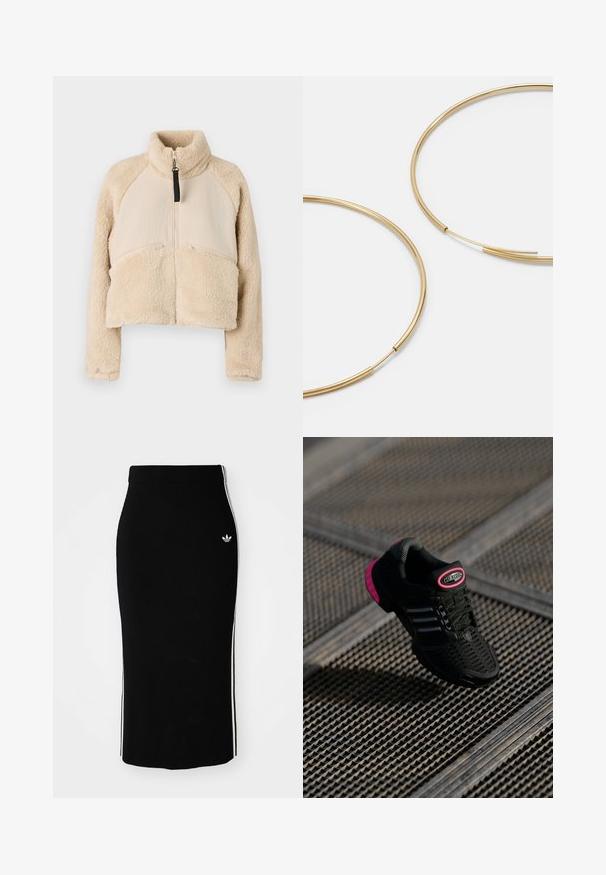 Beige fleece takki, jossa on korkea kaulus, vetoketjusuljenta ja raglan-hihat. Suunniteltu kahdella etupuolen vetoketjullisella taskulla ja lyhyellä siluetilla.; Valkoinen pitkähiha cropped-toppi, jossa on musta V-pääntie, erottuvat mustat hihansuut ja kolme mustaa raitaa jokaisessa hihassa. Pieni logo rinnassa.; Musta ribbed midi-hame, jossa on tiukka malli, valkoisilla sivuviivoilla ja pieni valkoinen emblem vasemmalla puolella.; Musta urheilukenkä, jossa on verkkomateriaali, pinkit yksityiskohdat ja mustat raidoitukset. Varusteleet teksturoidulla pohjalla ja logotarralla kantapäässä.; Kultaiset rengaskorvakorut, ohuet ja pyöreät, joissa on sileä metallipinta ilman koristeluja tai kuvioita.