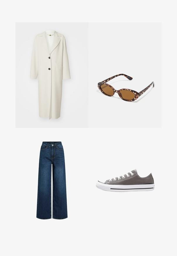 Marc Cain - Klasyczny płaszcz; Biała koszulka z krótkim rękawem, okrągły dekolt, wykonana z miękkiej, gładkiej bawełny, z prostym dołem i minimalnymi detalami. Gładki i uniwersalny design.; Szerokie dżinsy wykonane z ciemnoniebieskiego denimu z wysokim stanem, z zamkiem błyskawicznym, przednimi kieszeniami oraz widocznymi detalami przeszycia.; Szare płócienne trampki z białą gumową podeszwą, czarnym paskiem i metalowymi oczkami. Charakteryzują się okrągłym noskiem, niskim fasonem oraz teksturowanym materiałem.; Okulary przeciwsłoneczne w kolorze tortoise z owalnymi soczewkami, brązowymi w odcieniu, cienkimi ramionami z teksturowanym wzorem, lekką plastikową oprawką.