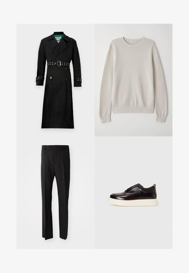 Juodas paltas su tekstūru, dvigubo užsegimo priekinė dalis, plačios apykaklės ir diržas liemeniui su sidabriniais angomis rankovėse.; Šviesiai smėlio spalvos megztinis, pagamintas iš minkštos mezgimo medžiagos. Apvalus iškirpimas, ilgos rankovės, gilesni kūgio formos rankogaliai ir apvadas su subtiliu tekstūros detailiu.; Juodos kelnes su tiesiu siluetu, pagamintos iš lygaus audinio, su diržo kilpomis ir šoninėmis kišenėmis. Nėra matomų raštų ar akcentų.; Rudos odinės šlepetės su apvaliu pirštu, kontrastingu baltu platformos padu ir minimaliais siuvinėjimo detalėmis aplink kraštus.
