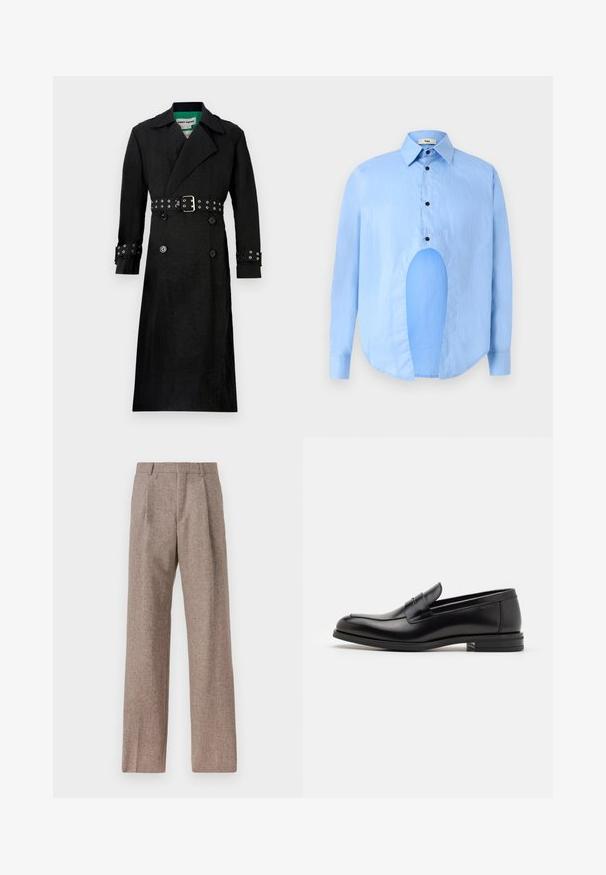 Fekete trench kabát strukturált felülettel, dupla gombolású elülső résszel, széles reverekkel és övvel a deréknál, amely ezüst szegecsekkel díszített a mandzsettákon.; Világoskék, hosszú ujjú ing, hegyes gallérral, fekete gombokkal, és egyedi kivágással elöl, amely különleges dizájnt kölcsönöz.; Barna, magas derekú nadrág texturált anyagból. Széles szárai és két elülső redője biztosítja a struktúrát. Ízléses kivitel, látható fémszerelés nélkül.; Fekete bőr loaferek sima textúrával, kerek orral és dekoratív pánttal a vampnál. Alacsony, rétegelt sarkú, minimalista dizájn.