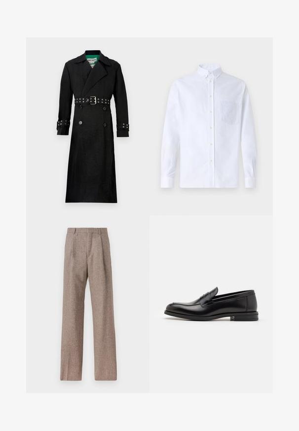 Černý trenčkot s texturovaným povrchem, dvouřadovým zapínáním, širokými klopami a páskem v pase se stříbrnými kroužky na rukávech.; Bílá dlouhá košile s knoflíky vyrobená z bavlny, která má náprsní kapsu s tónovanou výšivkou, límec a knoflíkové manžety.; Hnědé kalhoty s vysokým pasem vyrobené z texturované látky. Mají široké nohavice a dva přední sklady pro strukturu. Úhledné provedení bez viditelné kovových částí.; Černé kožené polobotky s hladkou texturou, zaoblenou špičkou a zdobným páskem přes nárt. Nízký stohovaný podpatek, minimalistický design.