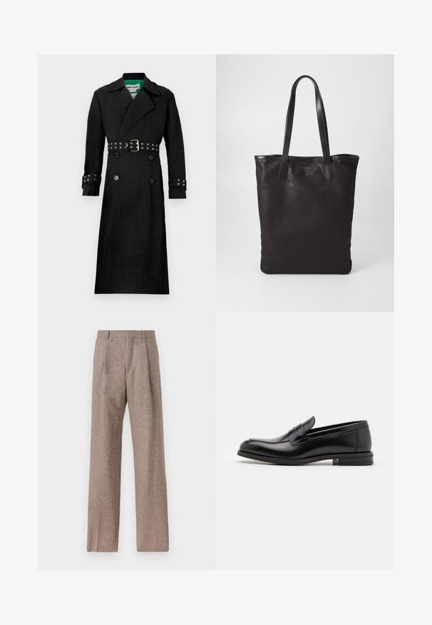Palton negru din material texturat, cu un croi dublu, largi reveruri și talie împodobită cu un cordon, având grommets argintii pe manșete.; Cămașă albă cu mânecă lungă, din bumbac, prevăzută cu un buzunar pe piept cu broderie tonală, guler și manșete cu buton.; Pantaloni bej, cu talie înaltă, dintr-un material texturat. Prezintă picioare late și două pliseuri frontale pentru structură. Finisaj îngrijit, fără accesorii vizibile.; Mocasini din piele neagră cu o textură netedă, vârf rotund și o curea decorativă peste partea superioară. Toc mic, design minimalist.; Geantă de umăr din pânză neagră cu mânere din piele neagră. Design simplu, corp spațios și textură netedă. Fără logo-uri sau modele vizibile.