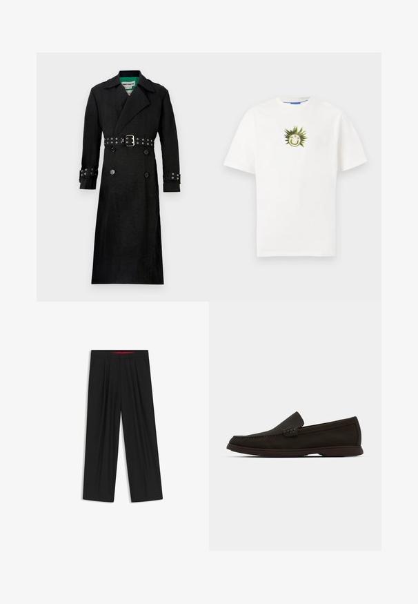 Black trench coat with a textured finish, double-breasted front, wide lapels, and a belted waist featuring silver grommets on cuffs.; White cotton t-shirt featuring a graphic of a smiley face surrounded by green spikes. Short sleeves and a crew neckline.; Black wide-leg trousers with a flat front, two side pockets, pleated design, and a contrasting red interior waistband.; Dark brown suede slip-on loafers with a stitched toe, low-profile rubber sole, and textured accents on the upper.