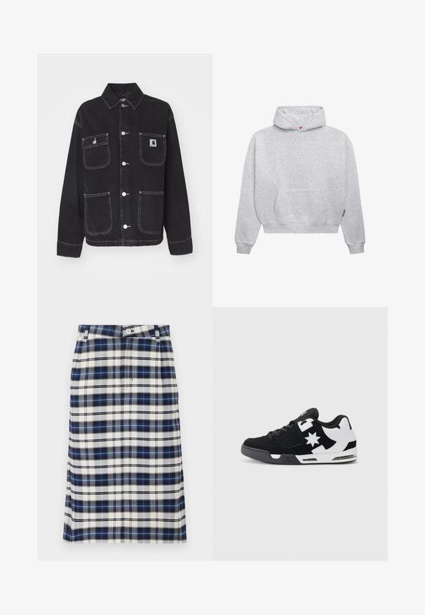 Juodas džinsinis švarkas su apykakle, dviem krūtinės kišenėmis ir dviem apatinėmis kišenėmis. Yra baltos siuvimo siūlės ir sidabrinės užsegimo sagos.; Šviesiai pilkas puloveris su gaubtu, pagamintas iš minkštos medvilnės mišinio. Savyje turi kengūros tipo kišenę, raštuotas rankoves ir gaubtą su virvelėmis minimalistiniame stiliuje.; Tamsiai mėlyna, balta ir pilka patinėliukė. Yra tiesi siluetas, sagų užsegimas ir subtili tekstūra su tinklo raštu.; Juoda ir balta sportinė avalynė, pagaminta iš zomšo ir tinklinio medžiagų. Išskirtinė žvaigždės logotipas ir ryškios akcentai šone, su paminkštintu padu.