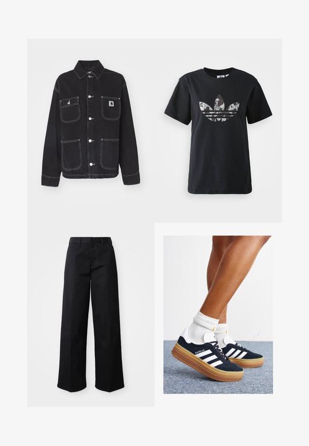 Črna teksasta jakna s ovratnikom, dvema prsnikoma in dvema spodnjima žepoma. Ima belo šivanje in srebrne gumbke na zaklepanje.; Črna bombažna majica s kratkimi rokavi, ki na sprednji strani vsebuje velik srebrno-rjavi grafični motiv Adidasovega logotipa in treh črt.; Črne široke hlače iz mehkega bombažnega blaga. Imajo klasičen pas, stranske žepe in raven kroj do roba.; Črni antilop superge z belimi črtami in poudarki, okrogel prst, gumijasti podplat, kombinirane z belimi rebrastimi nogavicami.