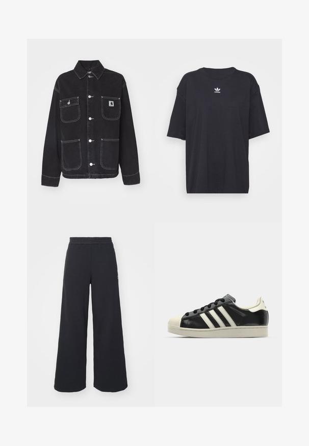 Black denim jacket with a collar, two chest pockets, and two lower pockets. Features white stitching and silver snap buttons.; Black cotton t-shirt with short sleeves, round neckline, features a white Adidas logo on the chest. Simple design, relaxed fit.; Black wide-leg sweatpants made from soft fabric, featuring an elastic waistband and a small logo on the left side.; Black leather sneaker with white stripes, rubber toe cap, black laces, and a cream-colored outsole. Smooth texture with shiny finish.