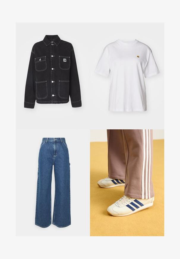 Svart denimjakke med krage, to brystlommer og to nedre lommer. Har hvite sømmer og sølvfargede trykknapper.; Hvit bomulls t-skjorte med avslappet passform, korte ermer og en liten brodert logo på venstre brystområde.; Videbeinete blå denimbukser med høy midje, kontraststing, og sidelommer, med et klassisk fem-lommers design og rå kanter.; Kremfargede sneakers med blå semsket skinnstriper, hvite snørebånd og gummisåle. Kombinert med grå joggebukser med hvite sidestriper.