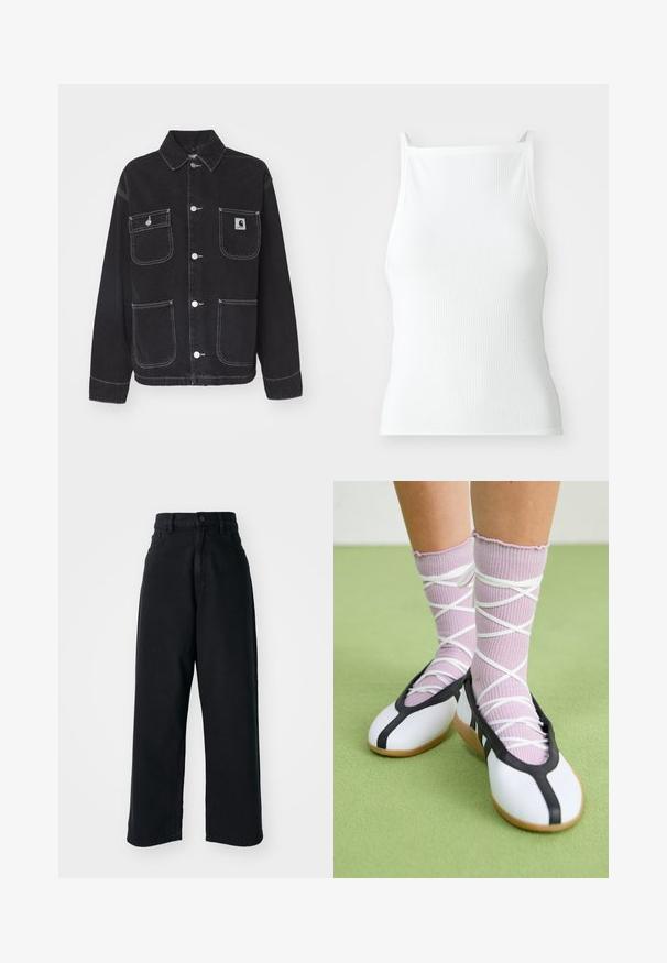 Zwarte spijkerjack met een kraag, twee borstzakken en twee lagere zakken. Beschikt over witte stiksels en zilveren drukknoopjes.; Witte geribde top met dunne bandjes, met een aansluitend ontwerp en een soepele textuur. De stof lijkt elastisch en licht gestructureerd.; Zwarte high-waisted wide-leg jeans met voorzakken en knoopsluiting, weergegeven tegen een witte achtergrond.; Witte platte schoenen met een zwarte bies en zool, gecombineerd met lichtpaarse geribde sokken met witte kruislings banden. Geplaatst op een groene achtergrond.