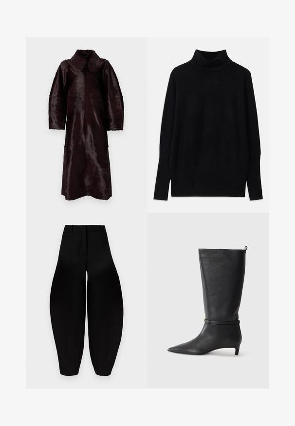 Sötétbarna, hosszú műszőrme kabát, széles gallérral és hosszú ujjakkal, fehér háttér előtt akasztva kiállítva.; Fekete garbó pulóver puha anyagból, bordás részletekkel a gallérnál és az ujjak végén, laza fazonnal és oldalsó sliccekkel.; Fekete, bő szárú nadrág magas derékkal, pliszírozott elülső résszel és szűkített bokával. Simább anyagból készült, matt felülettel.; Fekete bőr, térd fölé érő csizma, hegyes orral, kör alakú pánttal a bokán és alacsony, keskeny sarkú. Simára csiszolt textúra.