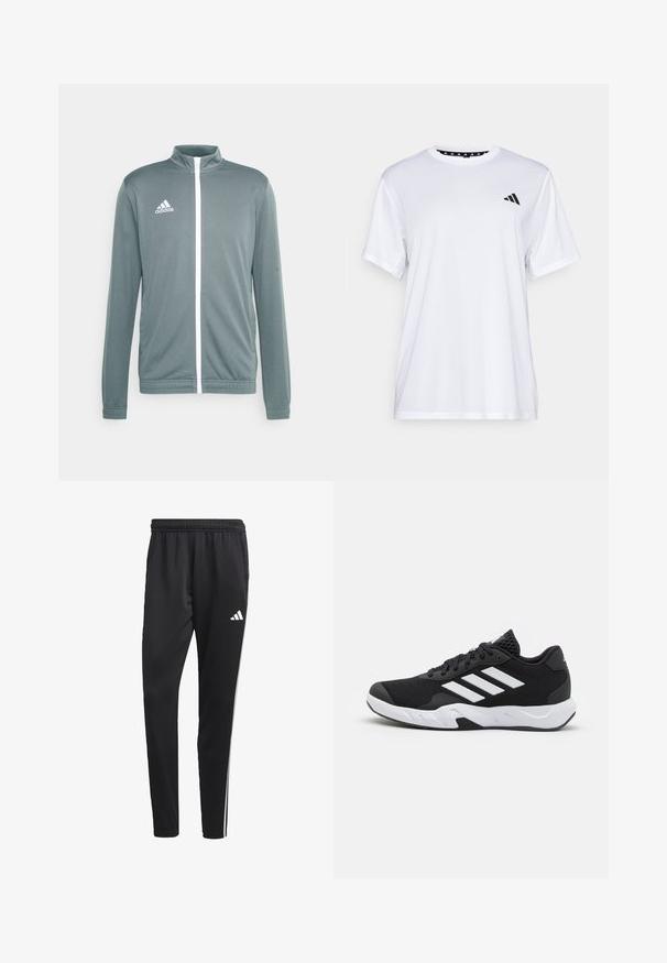 Harmaa urheilujacketti, jossa on korkea kaulus, valkoinen vetoketju ja valkoinen Adidas-logo vasemmassa yläkulmassa. Pitkät hihat, joissa on elastiset hihansuut.; Valkoinen urheilupaita lyhyillä hihoilla, valmistettu kosteutta siirtävästä kankaasta. Vasemmassa rinnassa on musta logo ja kauluksen sisäpuolella on kuvio.; Mustat urheiluhousut, joissa on joustava vyötärö, valkoiset sivuraidat ja pieni valkoinen logo reidessä. Valmistettu sileästä, kevyestä materiaalista.; Mustat urheilukengät, joissa on teksturoitu verkkomateriaali yläosassa, valkoiset korostusraidat, pehmustettu pohja ja vahvistettu kanta tuen vuoksi.